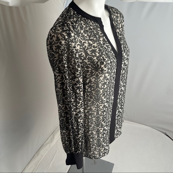 Tory Burch black solid trim printed silk semi-sheer split neck tunic 12 - Picture 3 of 13